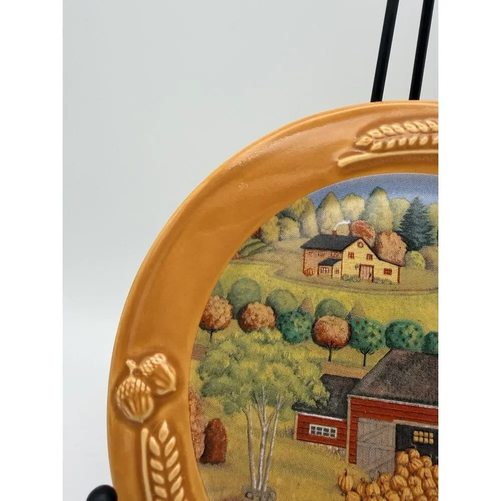 Ceramic Decorative trivet Farm Scene Pumpkin Patch Brown Multicolor Round Glossy